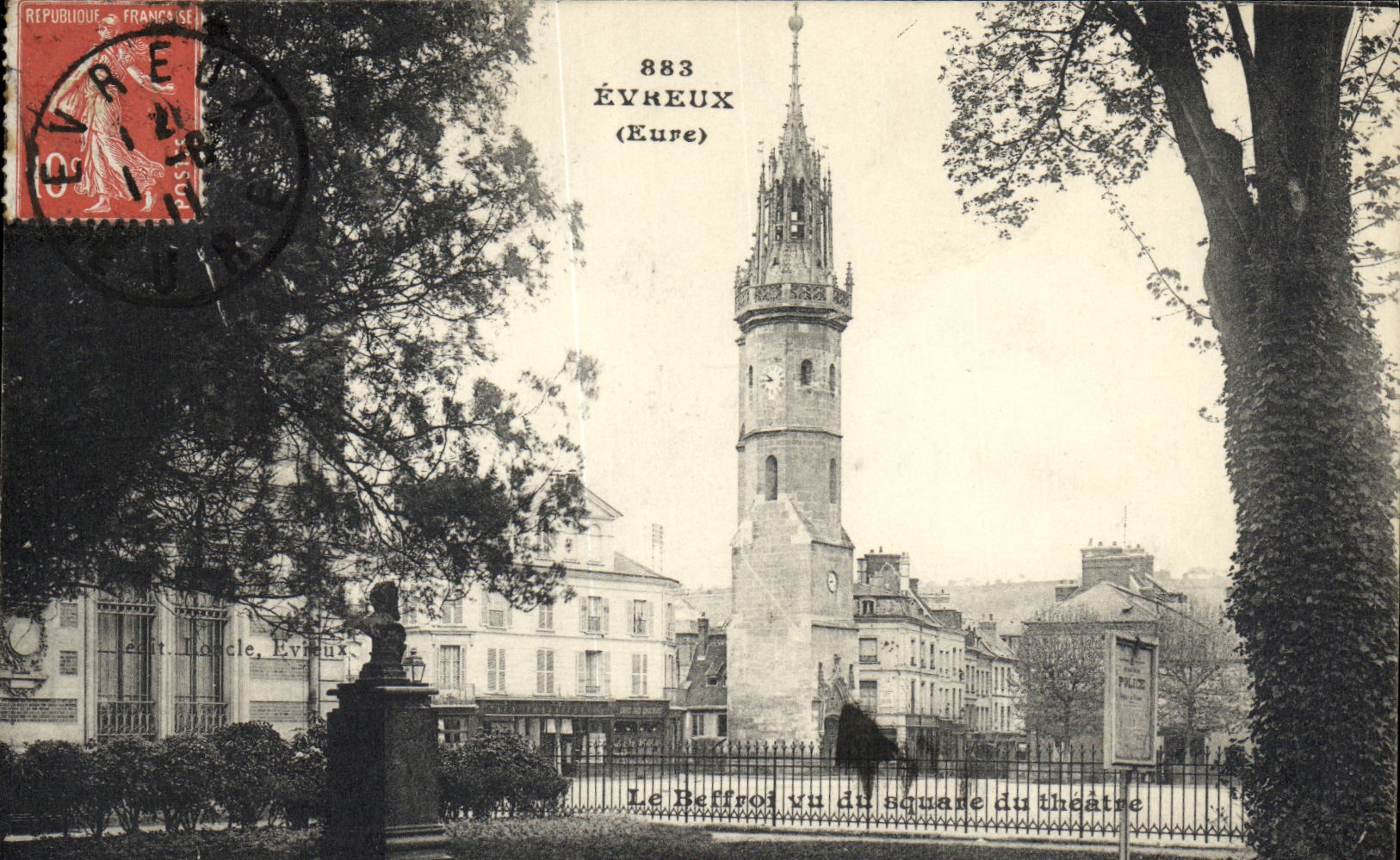 POSTAL Evreux de la VENDIMIA el campanario de una iglesia visto del jardin público del teatro