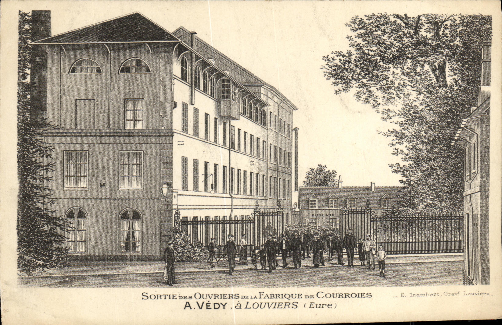 La salida Ouveriers de la POSTAL de la VENDIMIA de la fabrica de correas tiene Vedy tiene Louviers