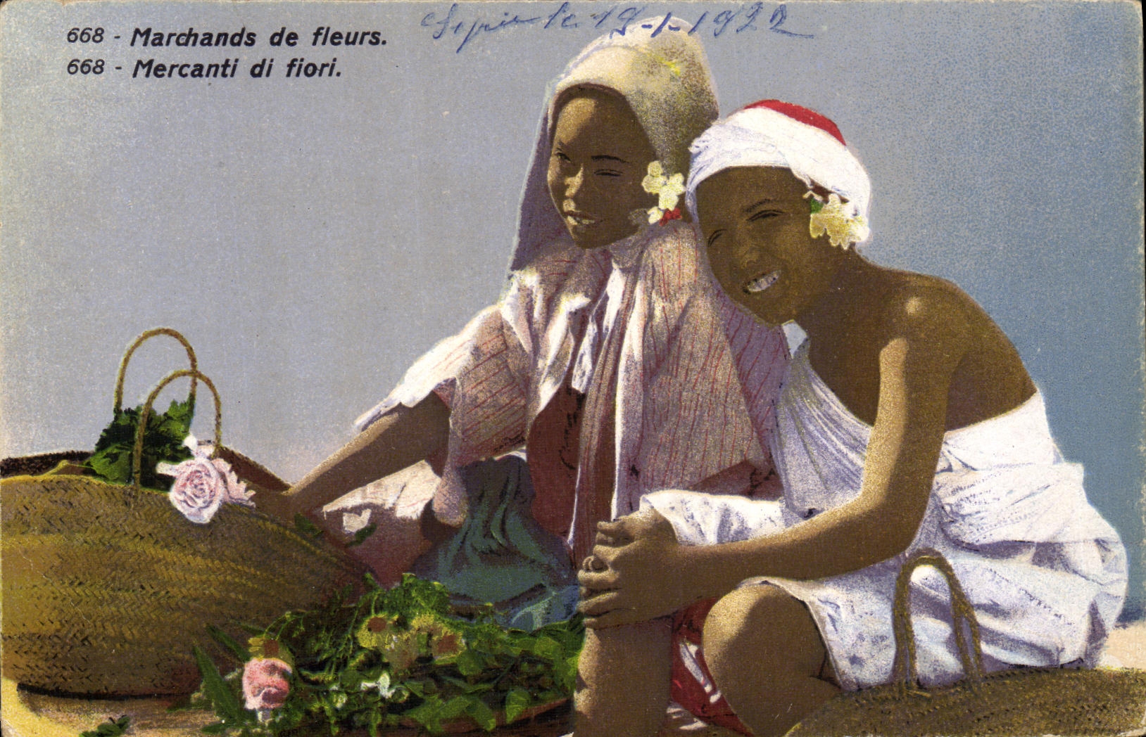 CPA Machands de fleurs Au dos Cachet Armee du levant Cavalerie 