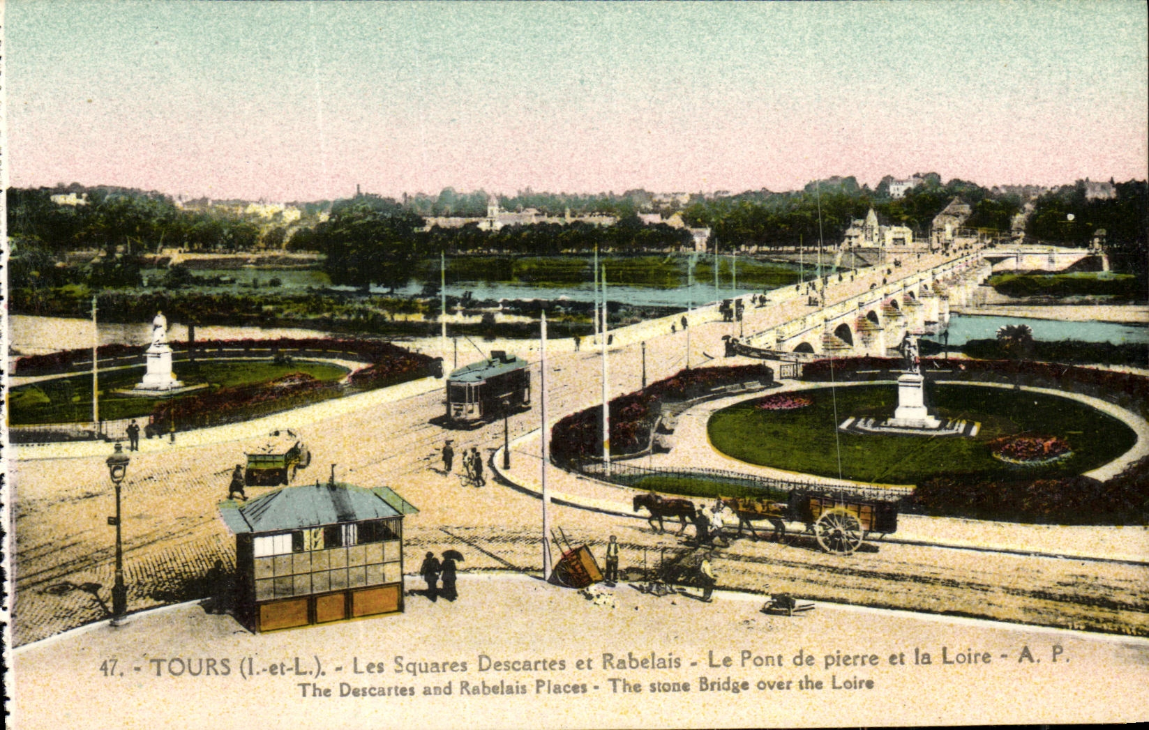 VINTAGE POSTCARD Tours Squers Descartes and Rabelais the stone Bridge and the Loire