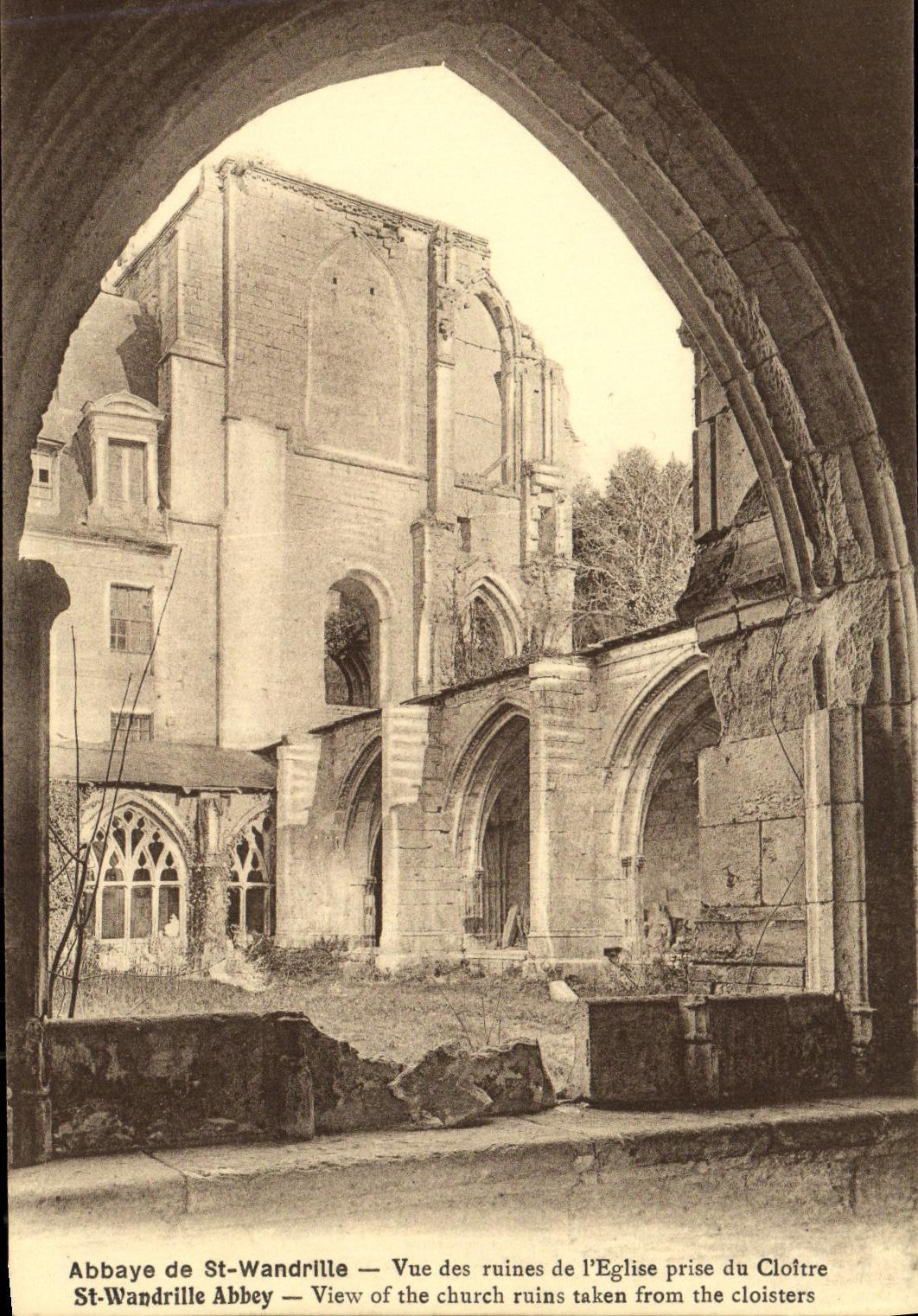 VINTAGE POSTCARD Abbey of St Wandrille Seen of the ruins of L Church taken of the Cloister