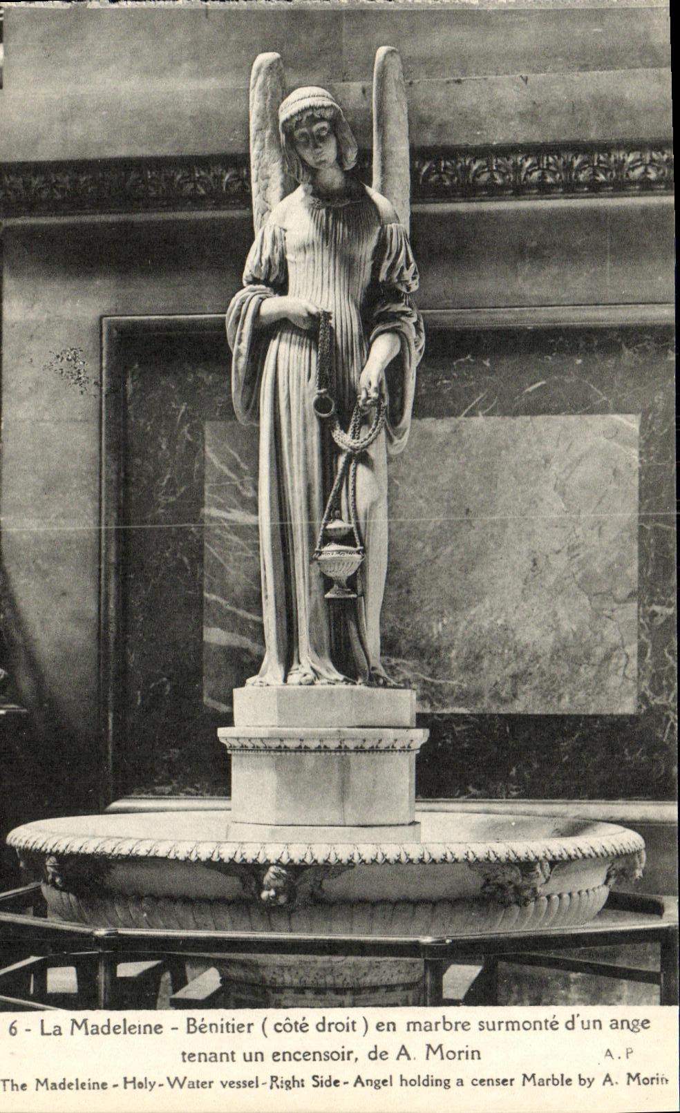 VINTAGE POSTCARD the Madeleine Benitier out of Marble Surmounts D a Paris Angel