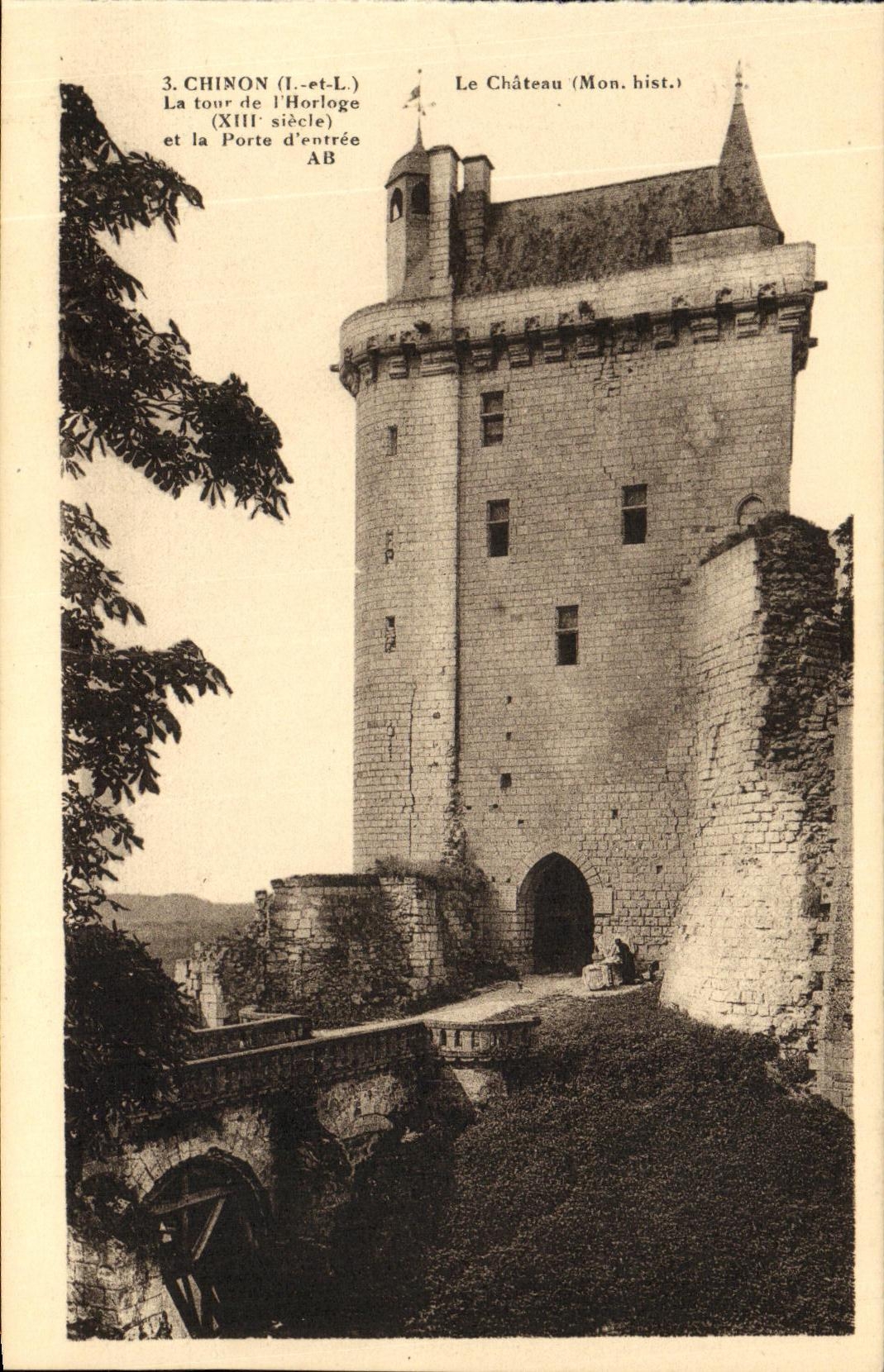 VINTAGE POSTCARD Chinon the Castle the Tower of L Clock and the door D entered