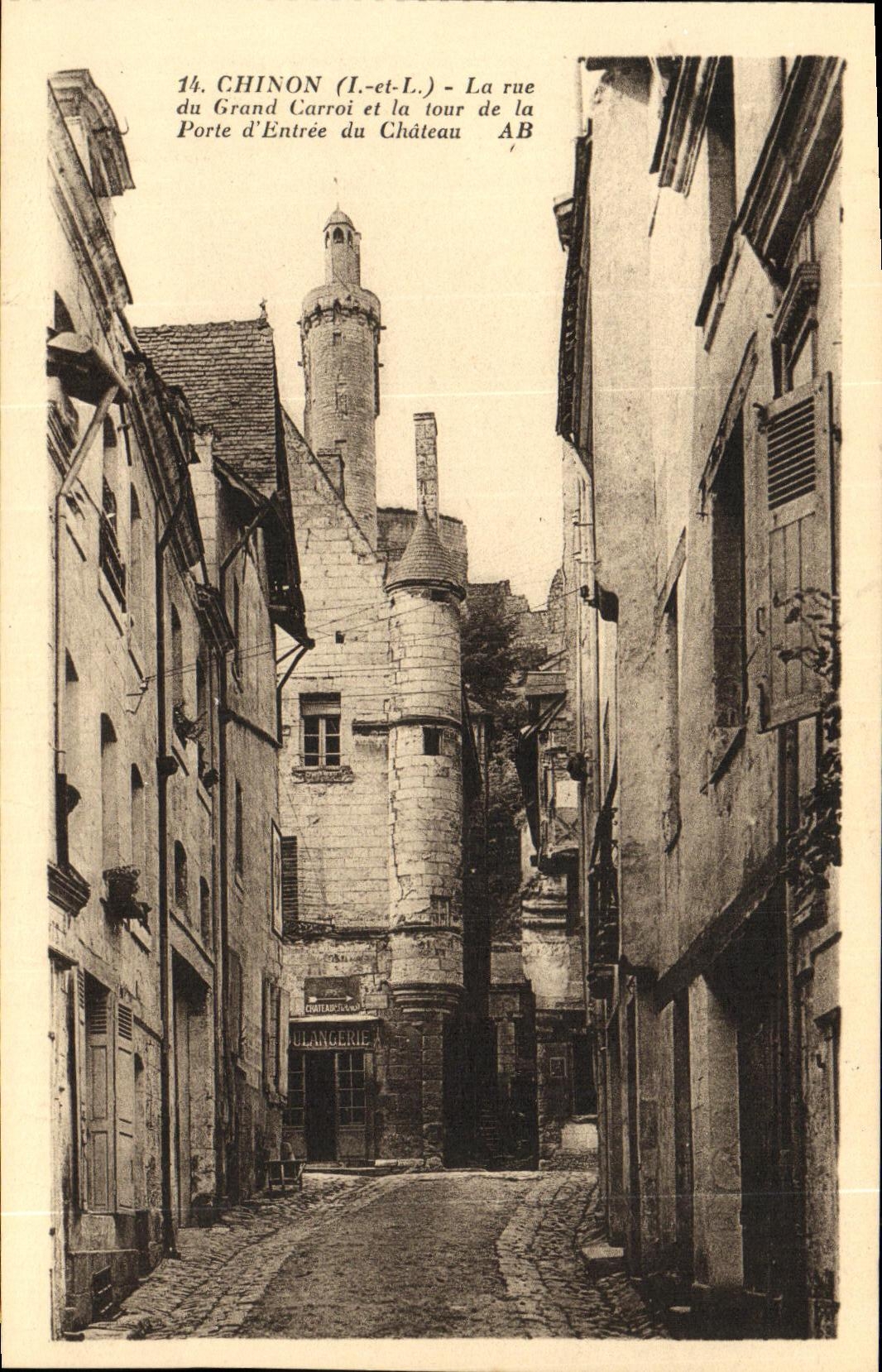 VINTAGE POSTCARD Chinon the street of large Carroi and the tower of the door D entered of the castle