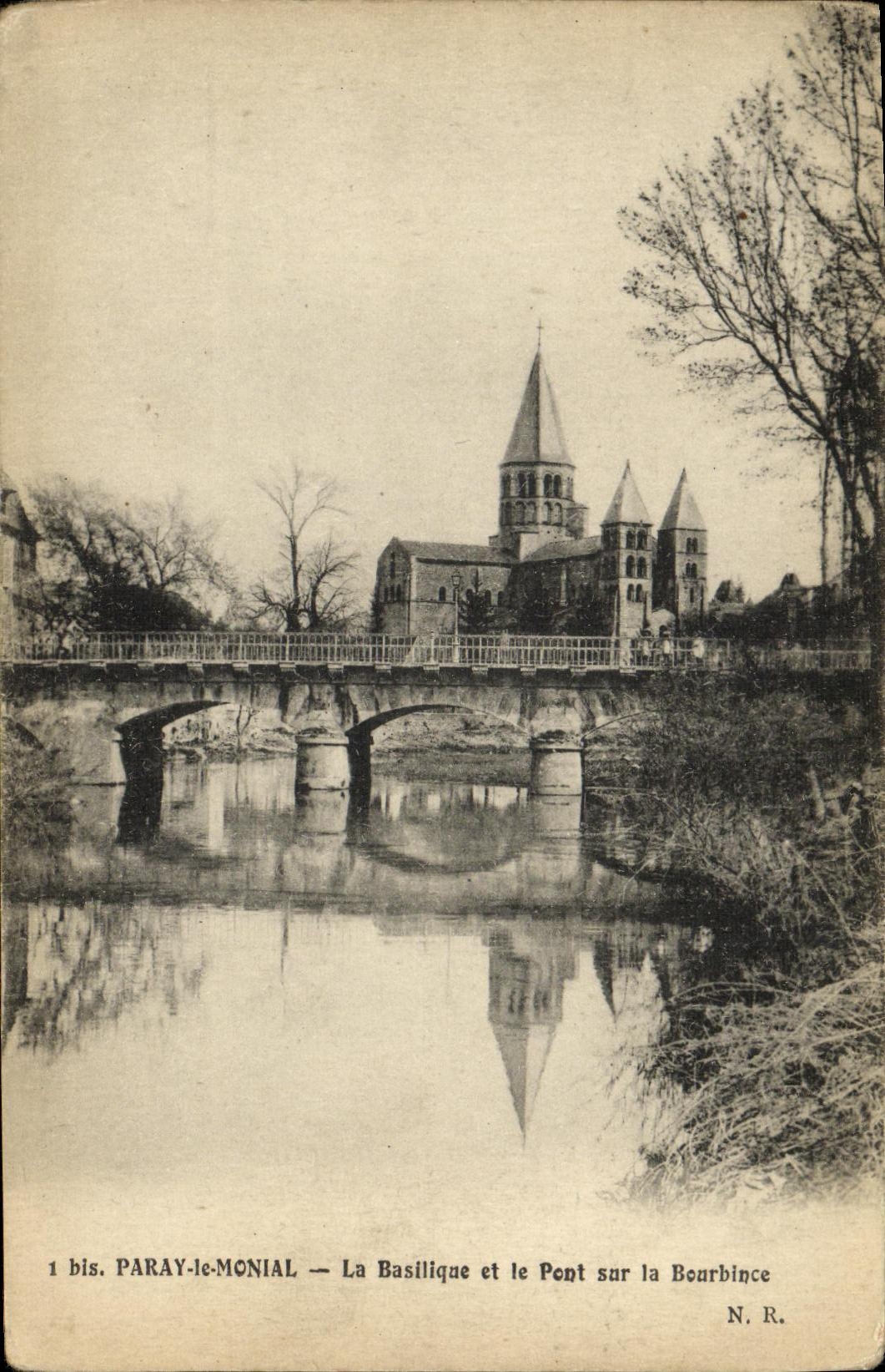 VINTAGE POSTCARD Paray Monial the Basilica and Bridge on Bourbince