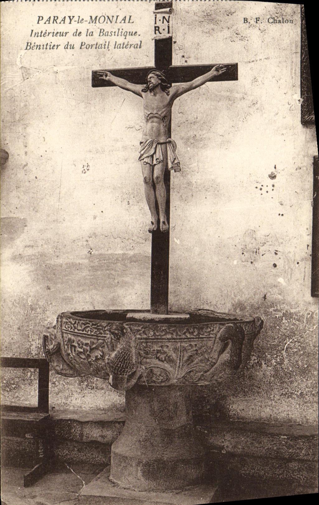 VINTAGE POSTCARD Paray Interior Monial of the basilica Stoup of the side gate