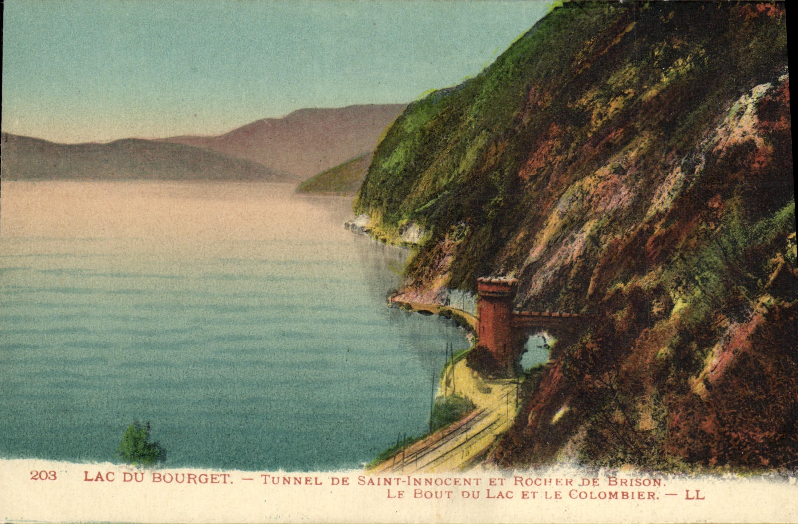 VINTAGE POSTCARD Lake of Le Bourget Tunnel of Innocent Saint and Rock of Brison the end of the lake and the dovecote