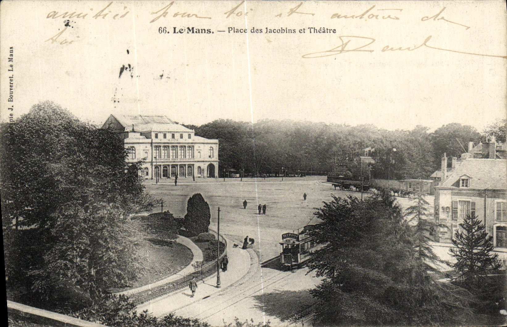 VINTAGE POSTCARD Mans Places Jacobins and Theater Tram
