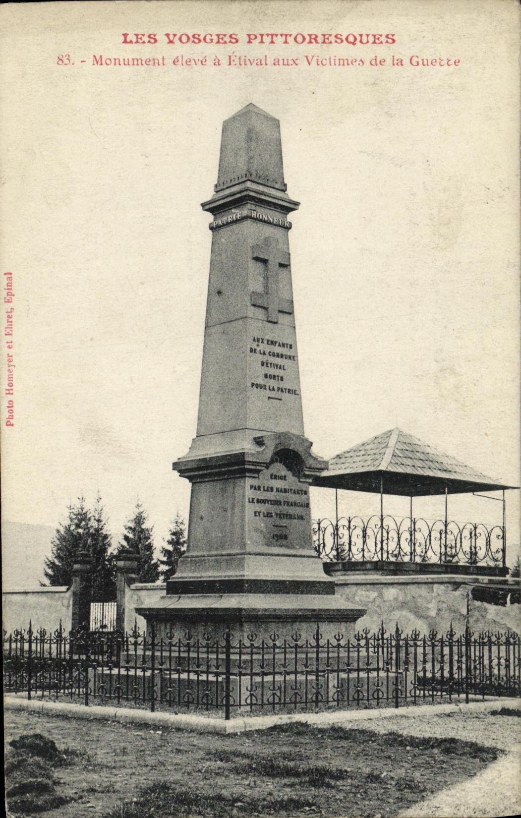 VINTAGE POSTCARD the Vosges Pittoresques high Monument has Etival with the victims of the war