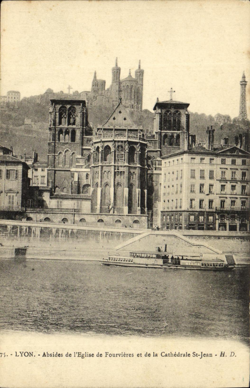 VINTAGE POSTCARD Lyon Apses of L Church of Fourvieres and Cahedrale St Jean Boat