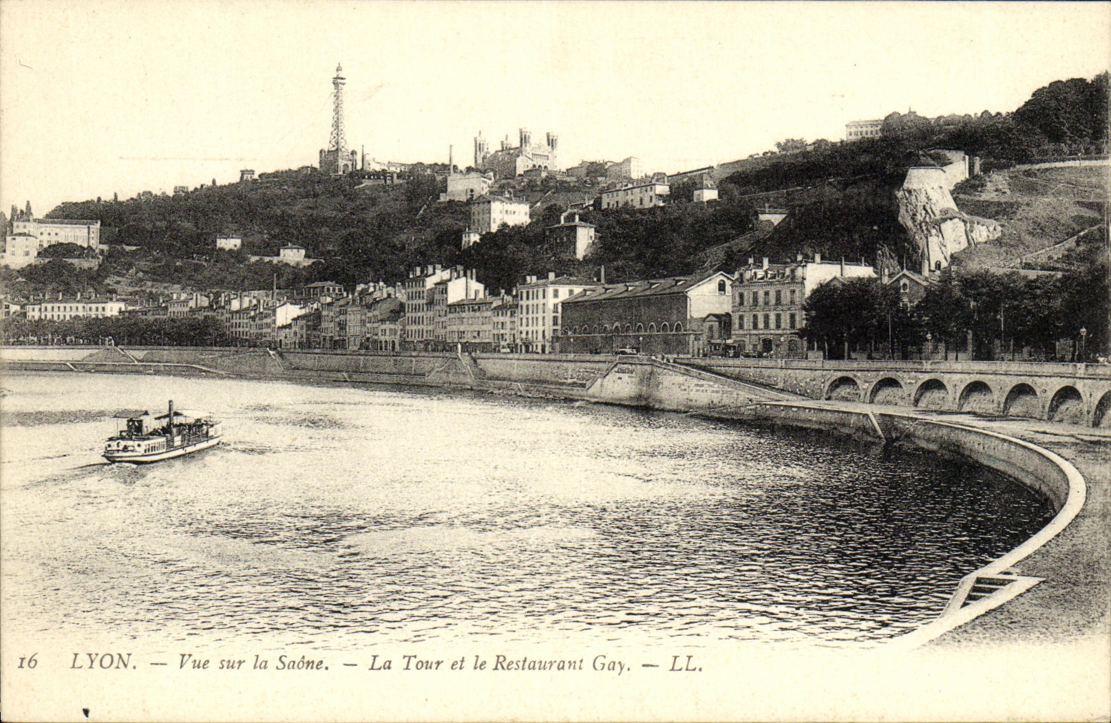 VINTAGE POSTCARD Lyon Seen on the Saone the Tower and the Gay Restaurant