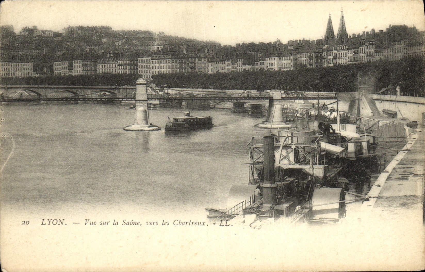 VINTAGE POSTCARD Lyon Seen on the Saone towards Charteaux Boats