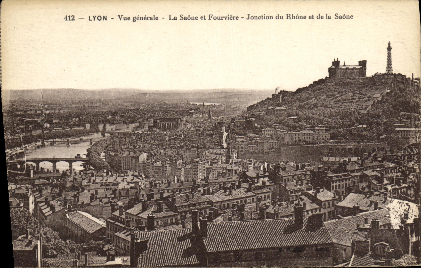 VINTAGE POSTCARD Lyon View the Saone and Fourviere Junction of the Rhone and the Saone