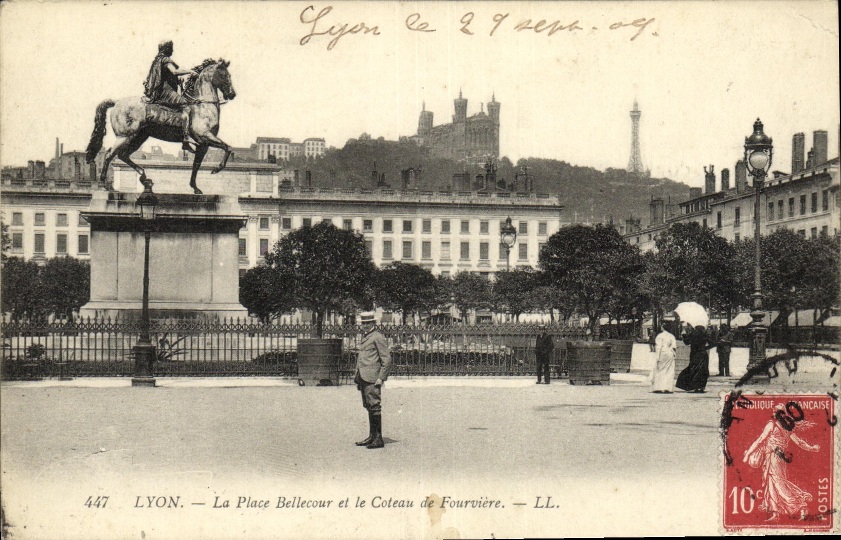 VINTAGE POSTCARD Lyon the Bellecour Place and the Slope of Fourviere