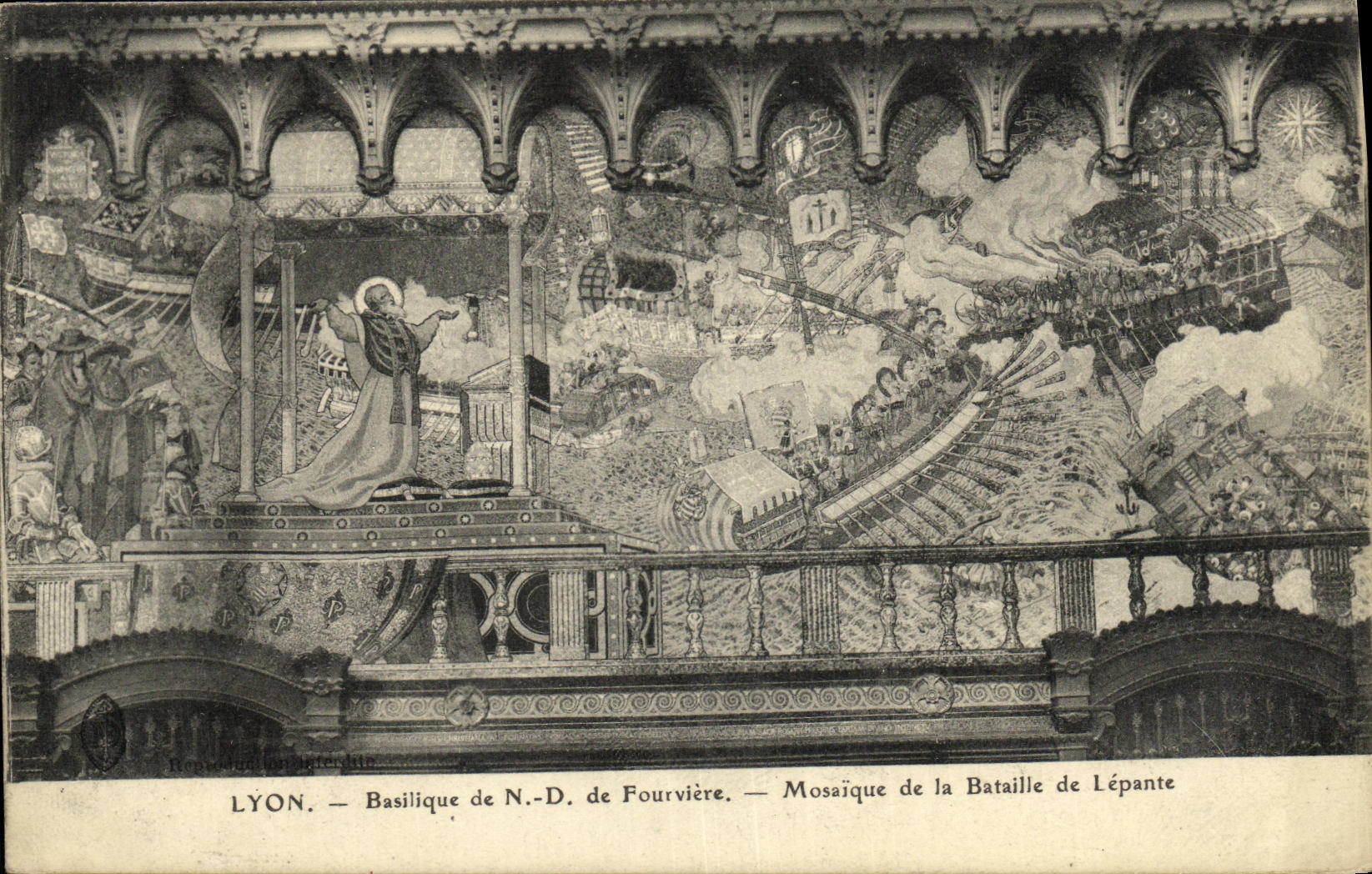 VINTAGE POSTCARD Lyon Basilica of NR D of Fourviere Mosaic of the Battle of Lepante
