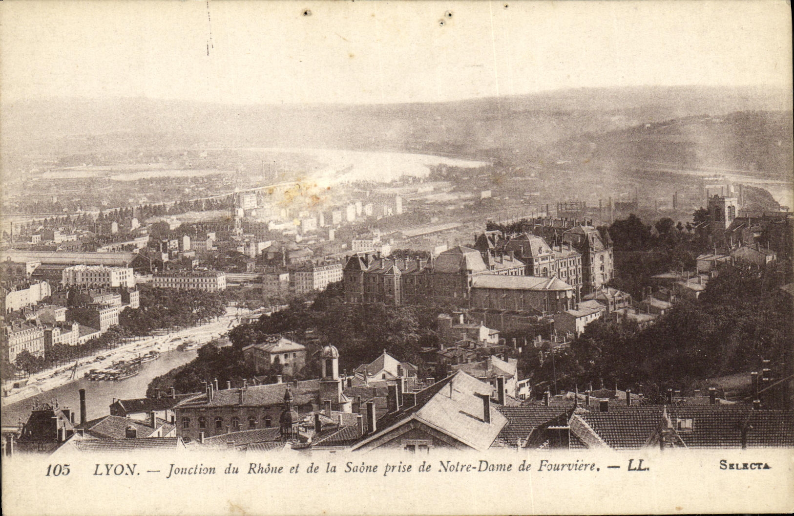 VINTAGE POSTCARD Lyon Junction of the Rhone and the Saone taken of Notre Dame de Fourviere