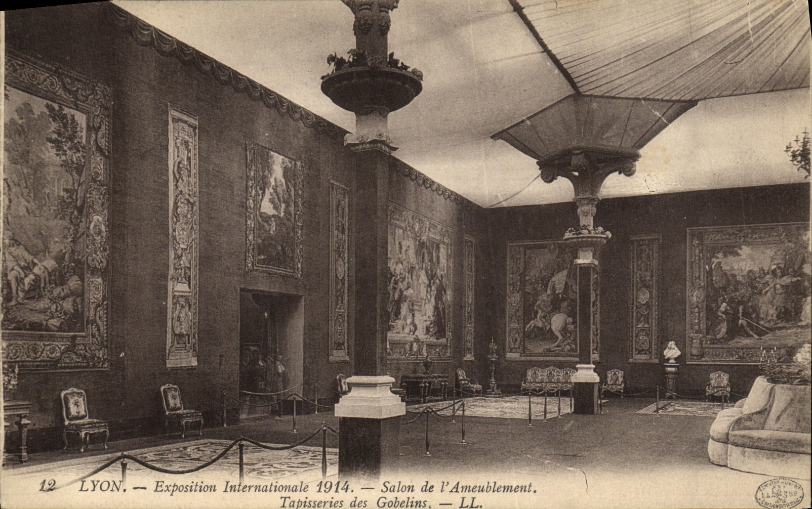 VINTAGE POSTCARD Lyon International exhibition Living room of L Furnishing Tapestries of the Goblins