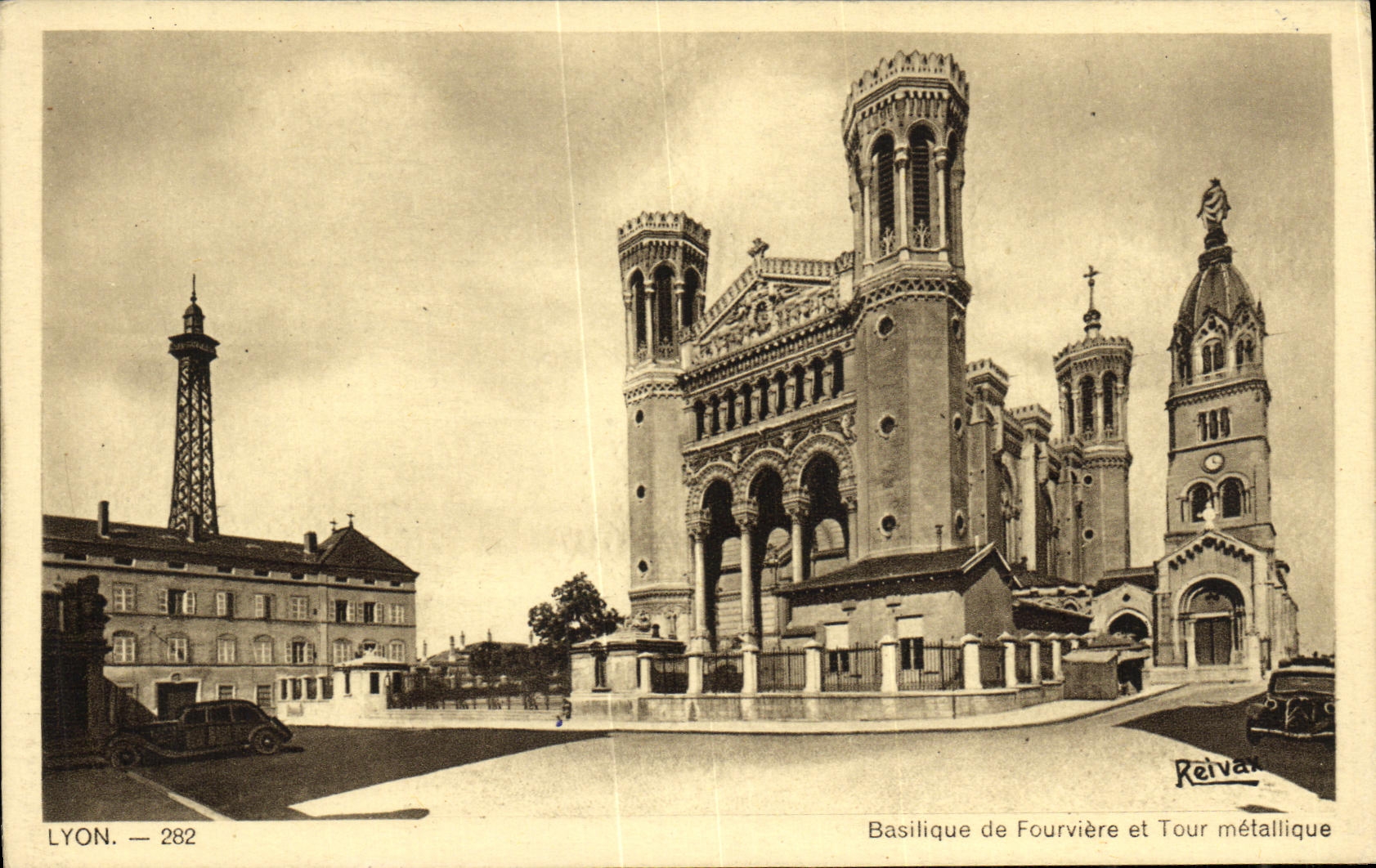 VINTAGE POSTCARD Lyon Basilica of Fourviere and metal Tour