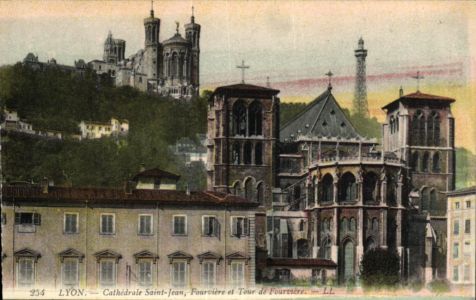 VINTAGE POSTCARD Lyon Cathedral Saint Jean Fourviere and Tour of Fourviere