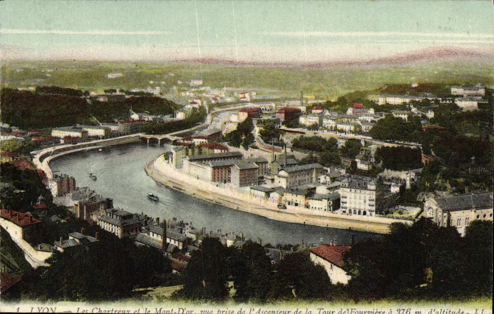 VINTAGE POSTCARD Lyon Carthusian monks and the Mount D Gold seen from of L elevator of the Tower of Fourviere