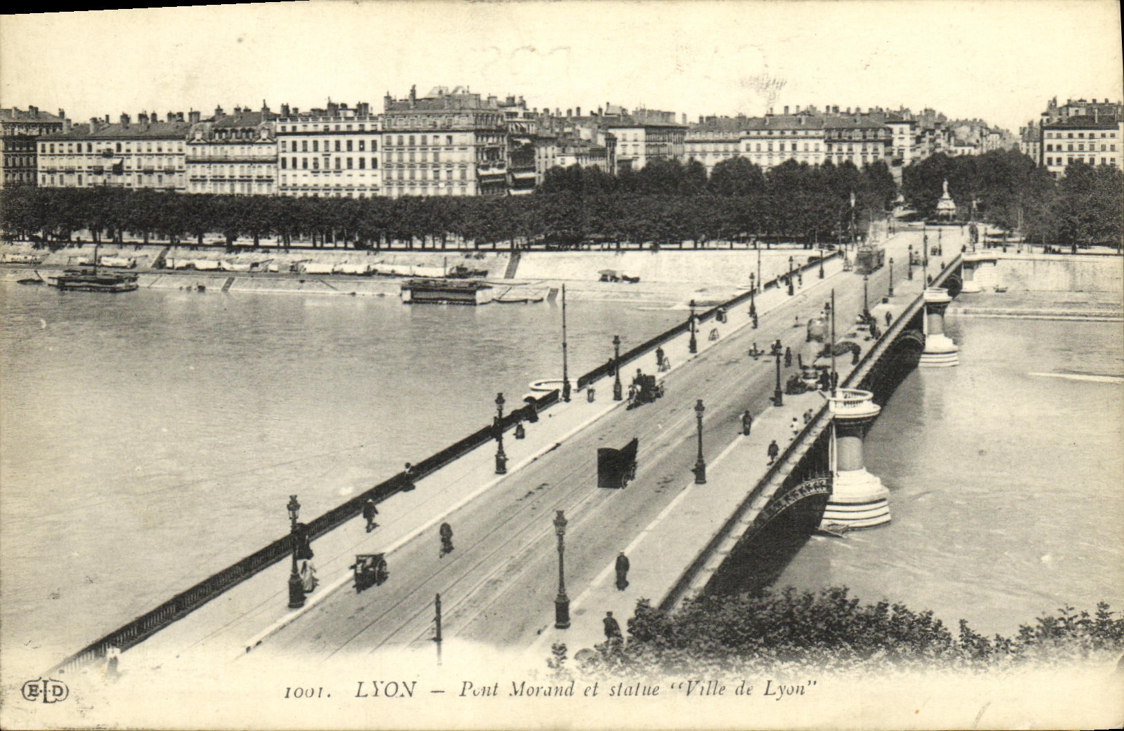 VINTAGE POSTCARD Lyon Morand Bridge and Statue Town of Lyon