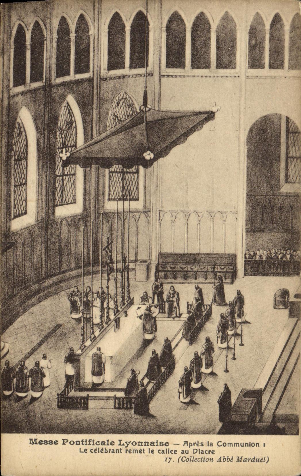 VINTAGE POSTCARD Lyons Pontifical Messe After the Communion Celebrating It gives the chalice to the Deacon
