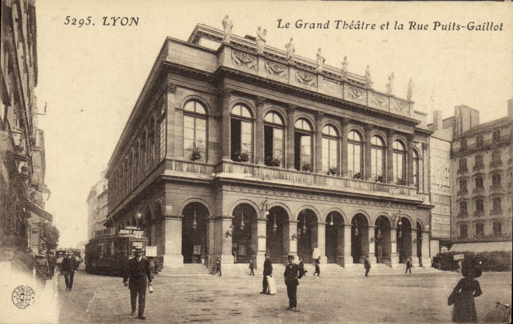 VINTAGE POSTCARD Lyon the Large Theater and the Street Well Gaillot Tram