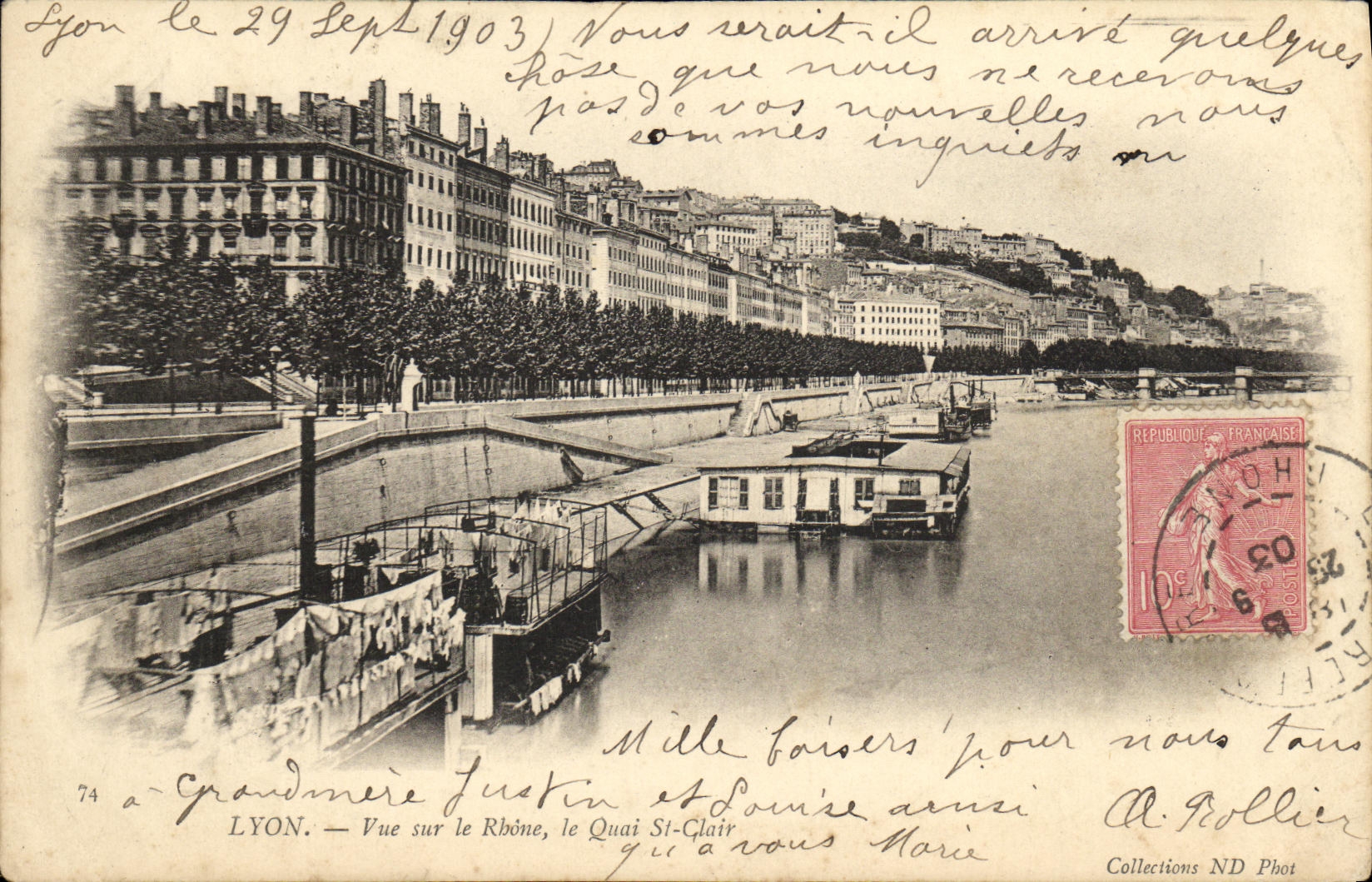 VINTAGE POSTCARD Lyon Seen on the Rhone the Quay Clear St barges