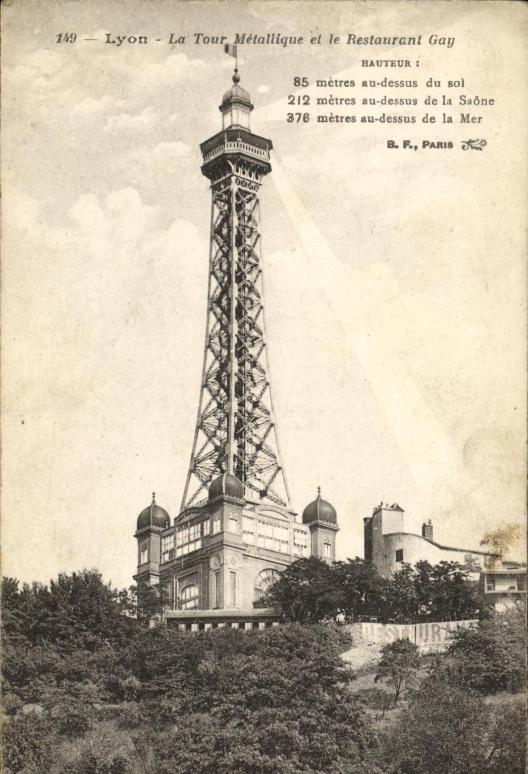 VINTAGE POSTCARD Lyon the Metal Tower and the Gay Restaurant