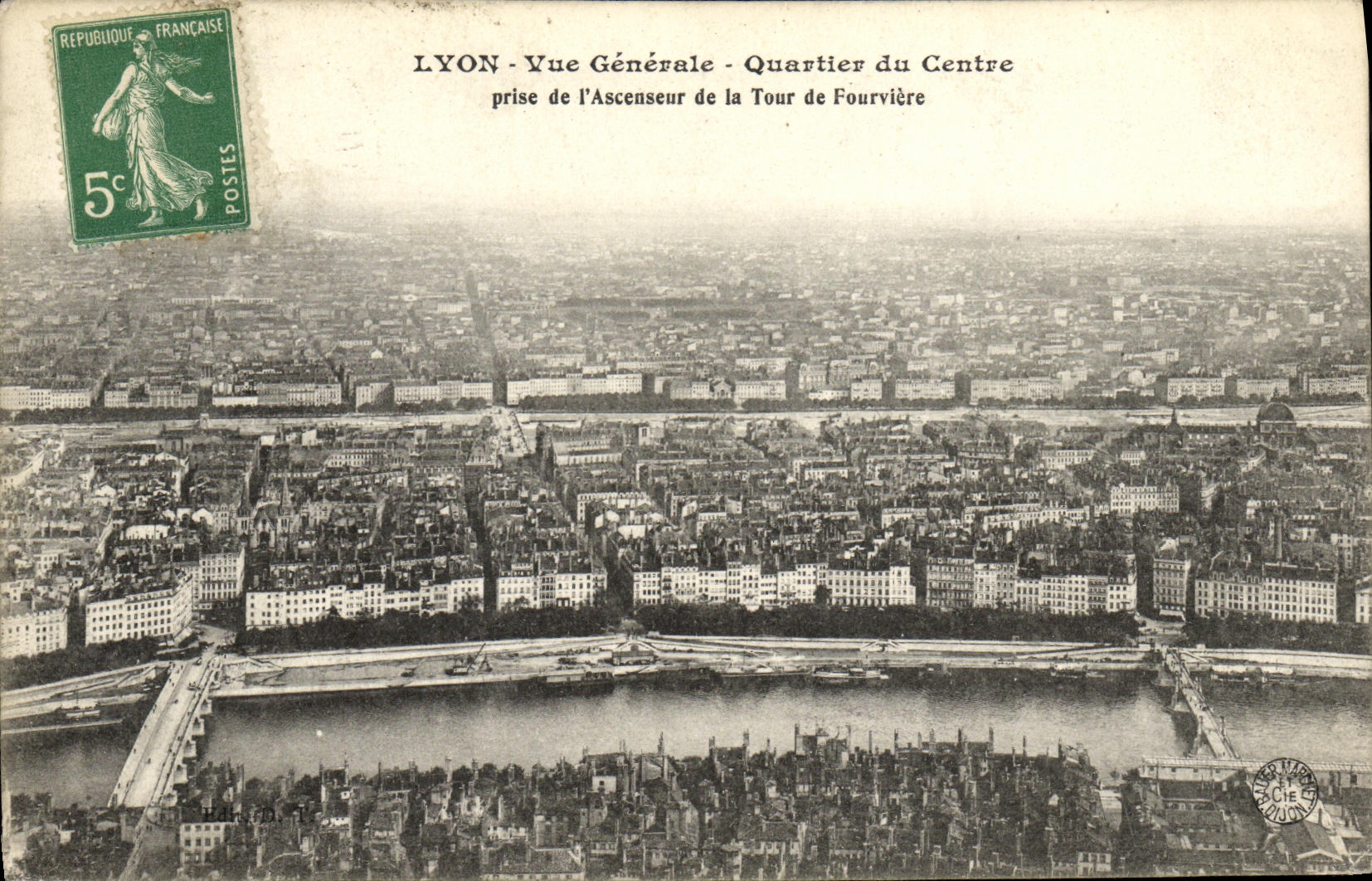 VINTAGE POSTCARD Lyon View District of the Center taken of L elevator of the tower of Fourviere