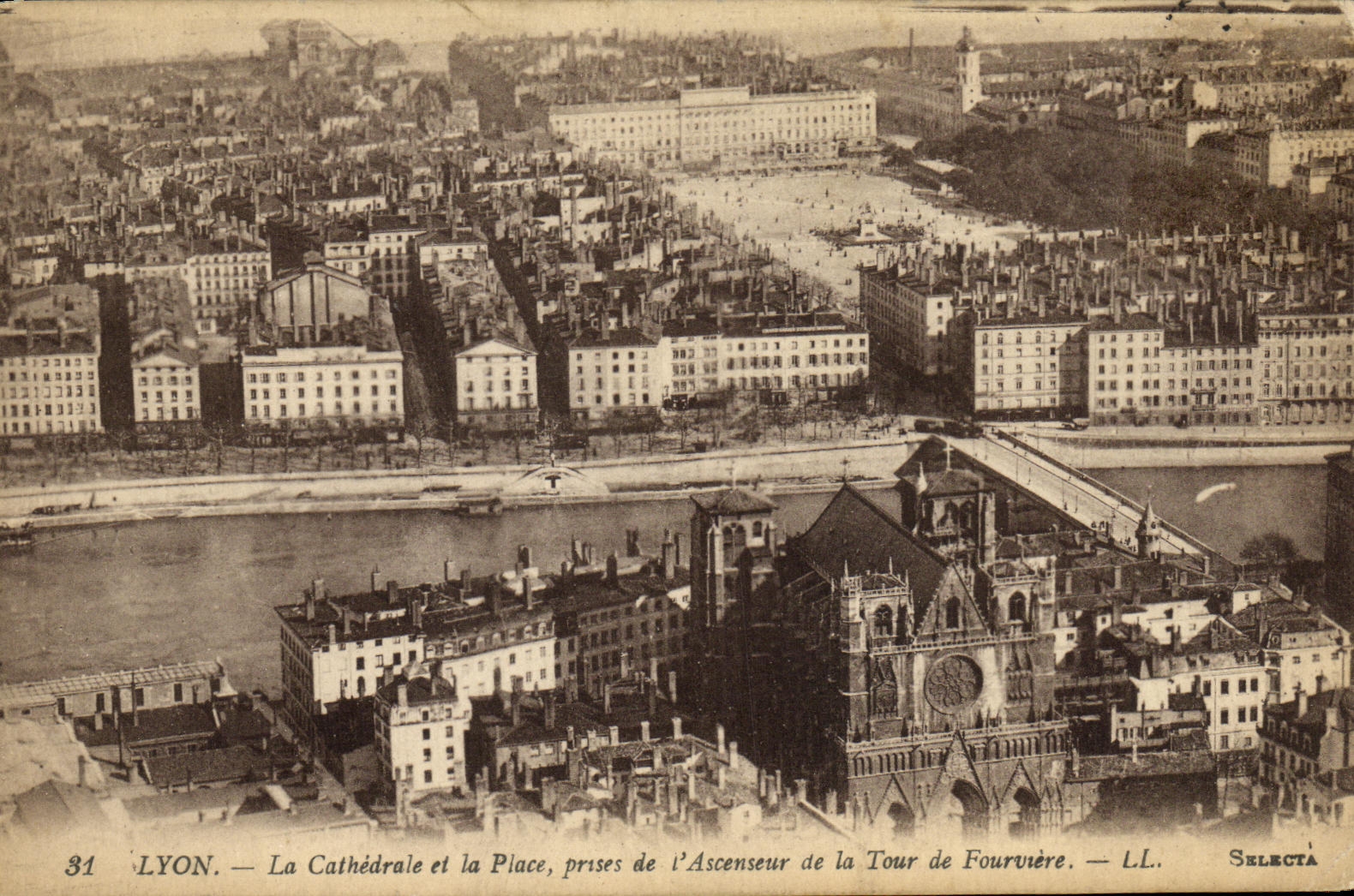 VINTAGE POSTCARD Lyon the Cathedral and the Place in a hurry of L Elevator of the Tower of Fourviere