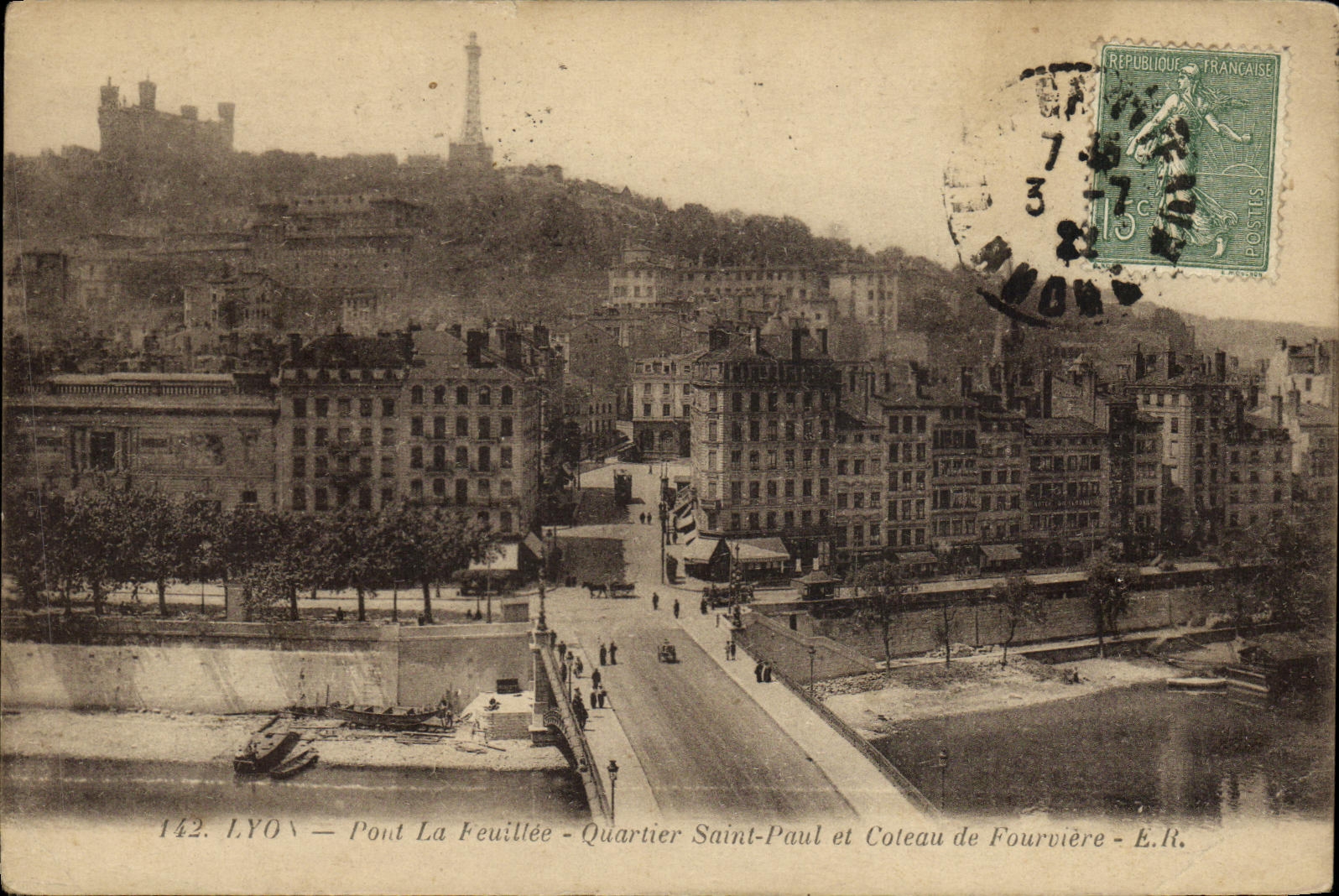 VINTAGE POSTCARD Lyon Bridge Feuillee Saint Paul District and Coteau of Fourviere