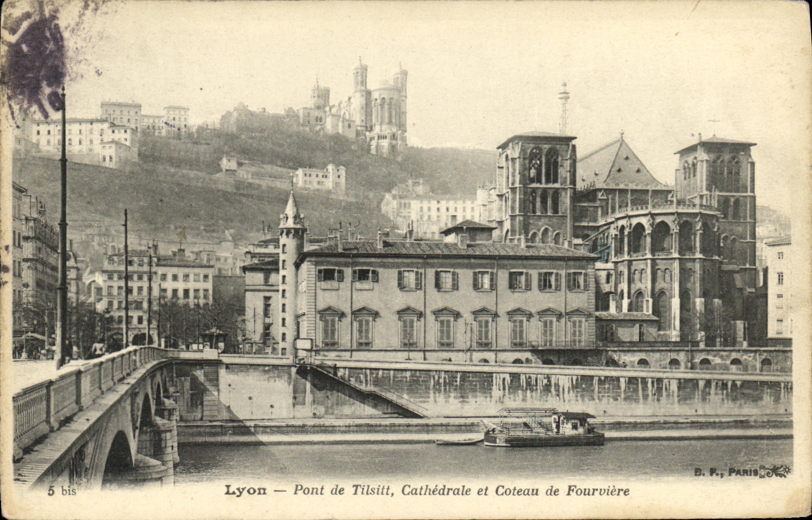 VINTAGE POSTCARD Lyon Bridge of Tilsitt Cathedral and Coteau of Fourviere