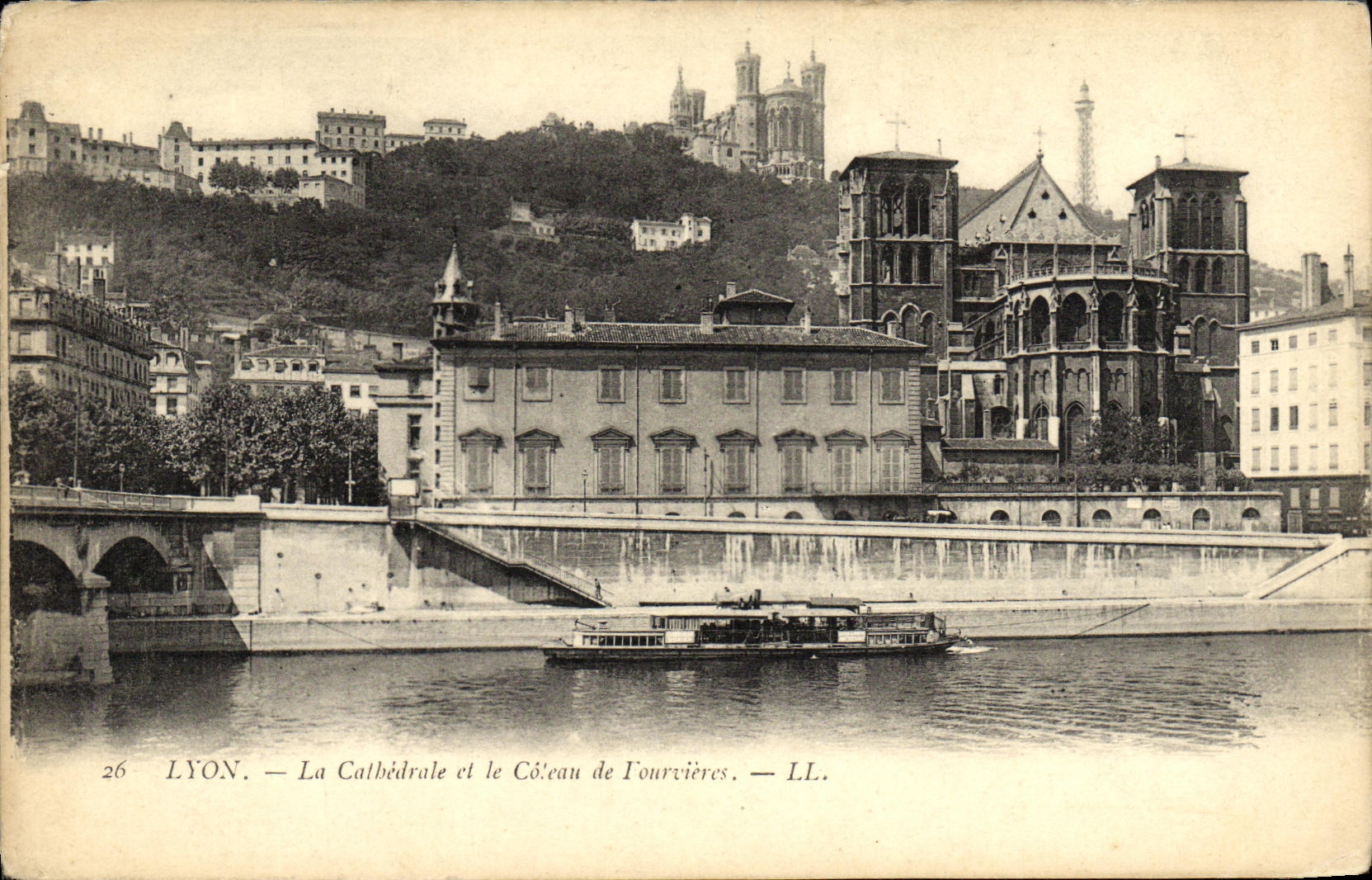 VINTAGE POSTCARD Lyon the Cathedral and Slope of Fourvieres