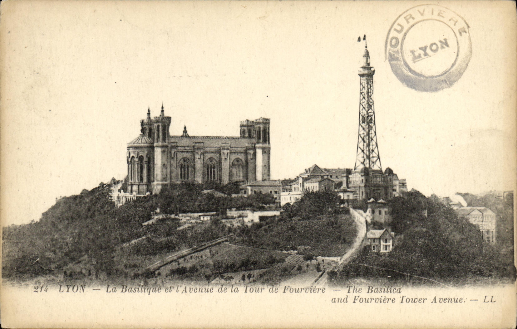 VINTAGE POSTCARD Lyon the Basilica and L Which occurred of the Tower of Fourviere