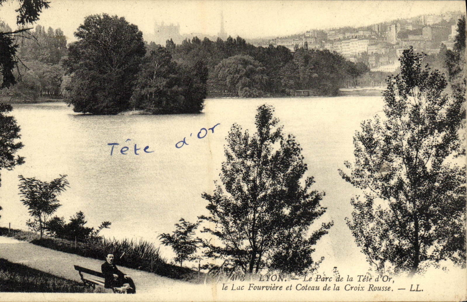 VINTAGE POSTCARD Lyon the park of the Head D But the lake Fourviere and slope of the Russet red Cross