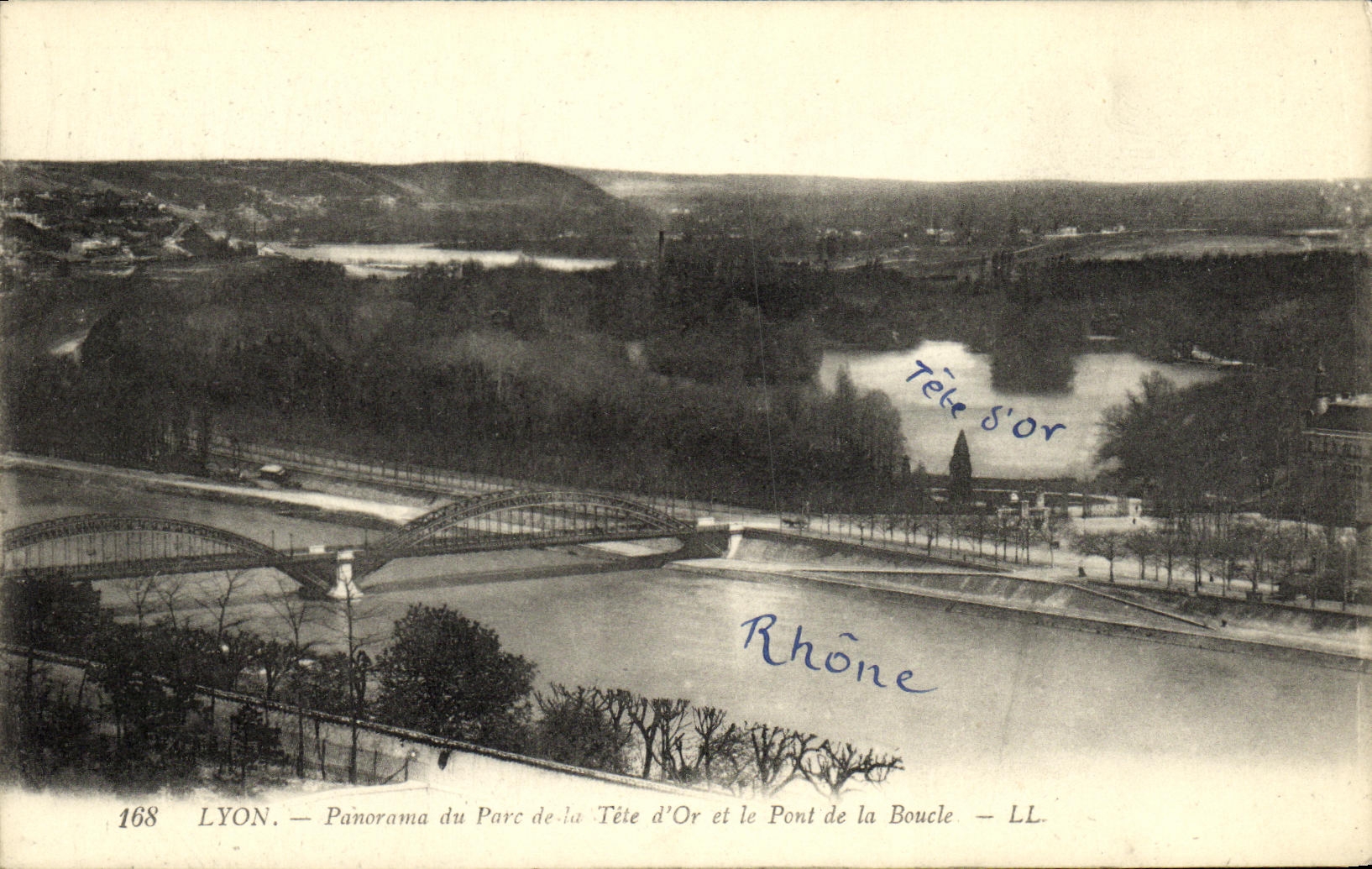 VINTAGE POSTCARD Lyon Pamorama of the Park of Head D gold and the bridge of the loop