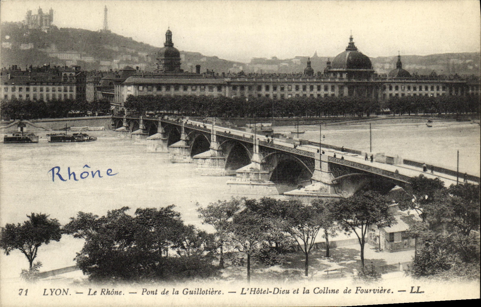 VINTAGE POSTCARD Lyon the Rhone Bridge of Guillotiere L Hotel God and the Hill