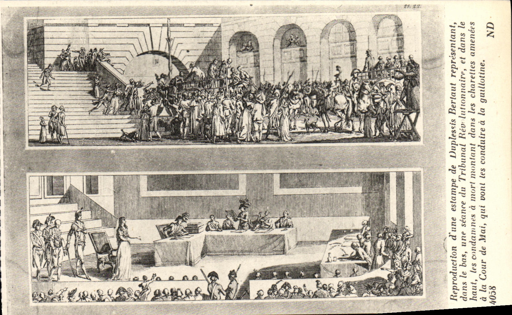 CPA Paris Reproduction d une estampe de Duplessis Bertaut representant dans le bas une seance du Tribunal revolutionnair