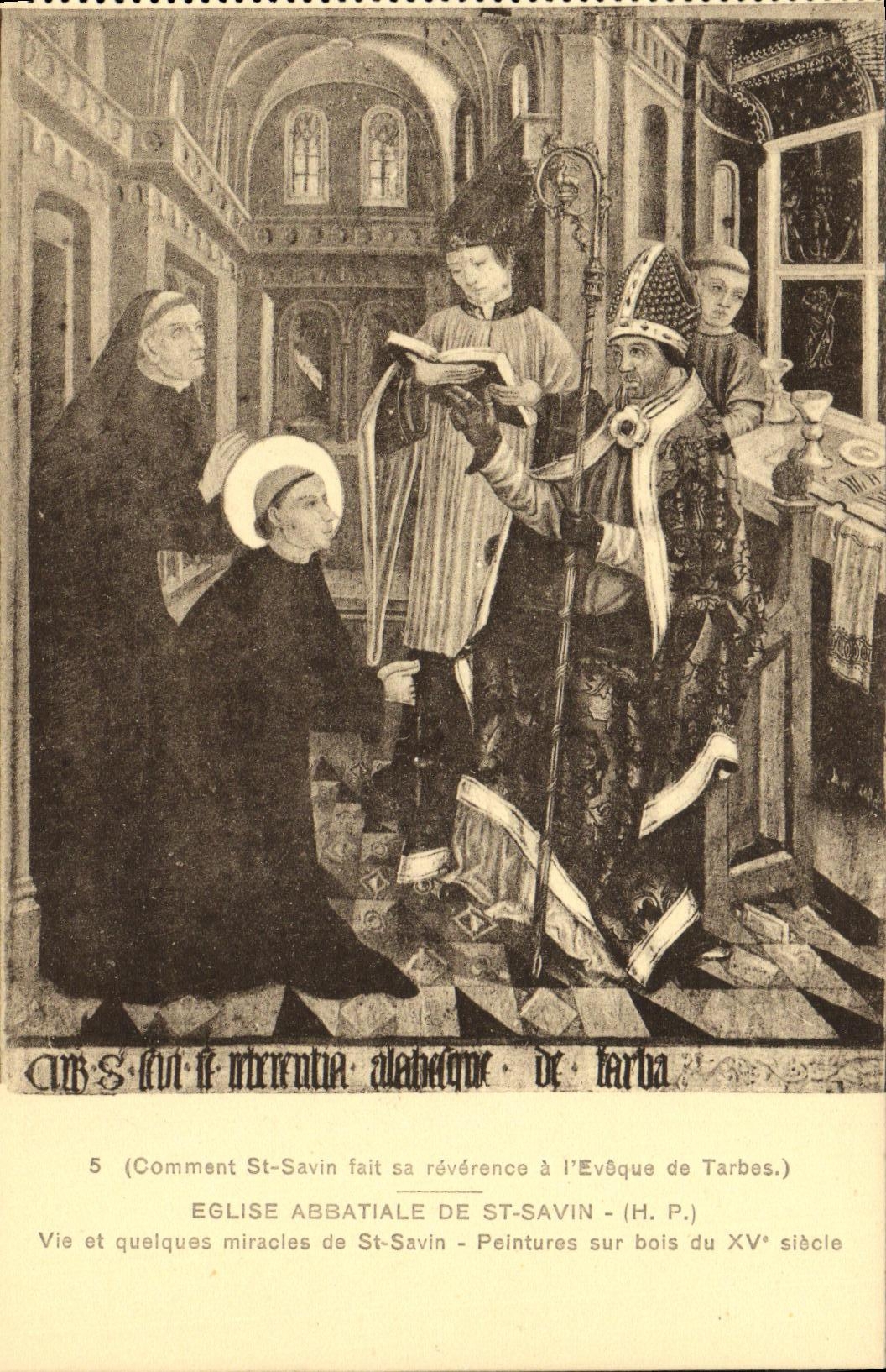 Iglesia de la abadia de la POSTAL de la VENDIMIA de la vida del St Savin y de algunos milagros de las pinturas del St Savin en la madera del decimo quinto obispo de Tarbes