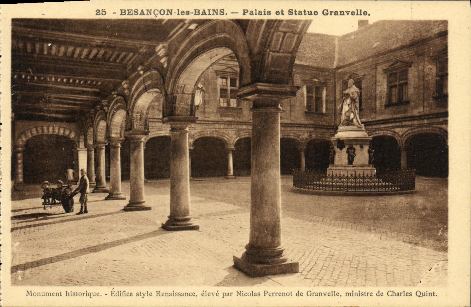 VINTAGE POSTCARD Besancon les Bains Palate and Granvelle Statue