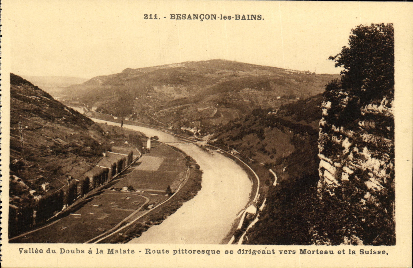 VINTAGE POSTCARD Besancon les Bains Valley of Doubs in picturesque Malate Road moving towards Morteau and Switzerland