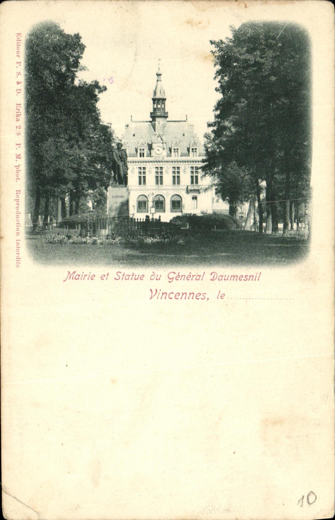 VINTAGE POSTCARD Vincennes Town hall and statue of general Daumesnil