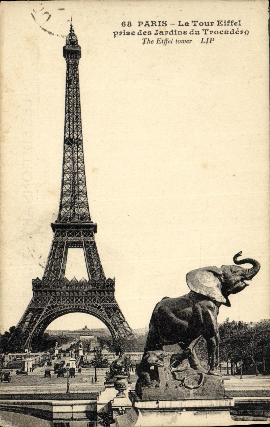 VINTAGE POSTCARD Paris the Eiffel Tower Taken of the Gardens of Trocadero Elephant