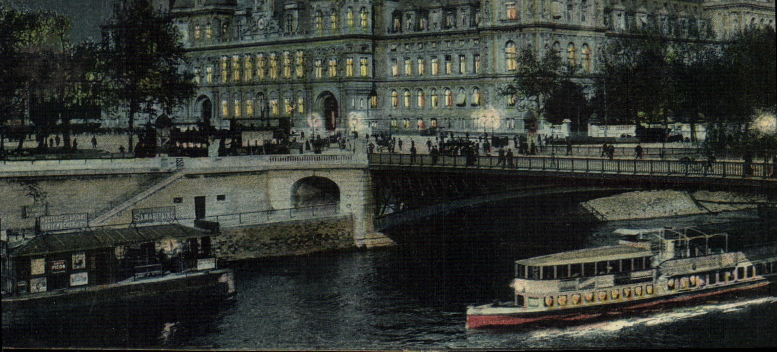 VINTAGE POSTCARD Paris Town hall the night Barge Boat