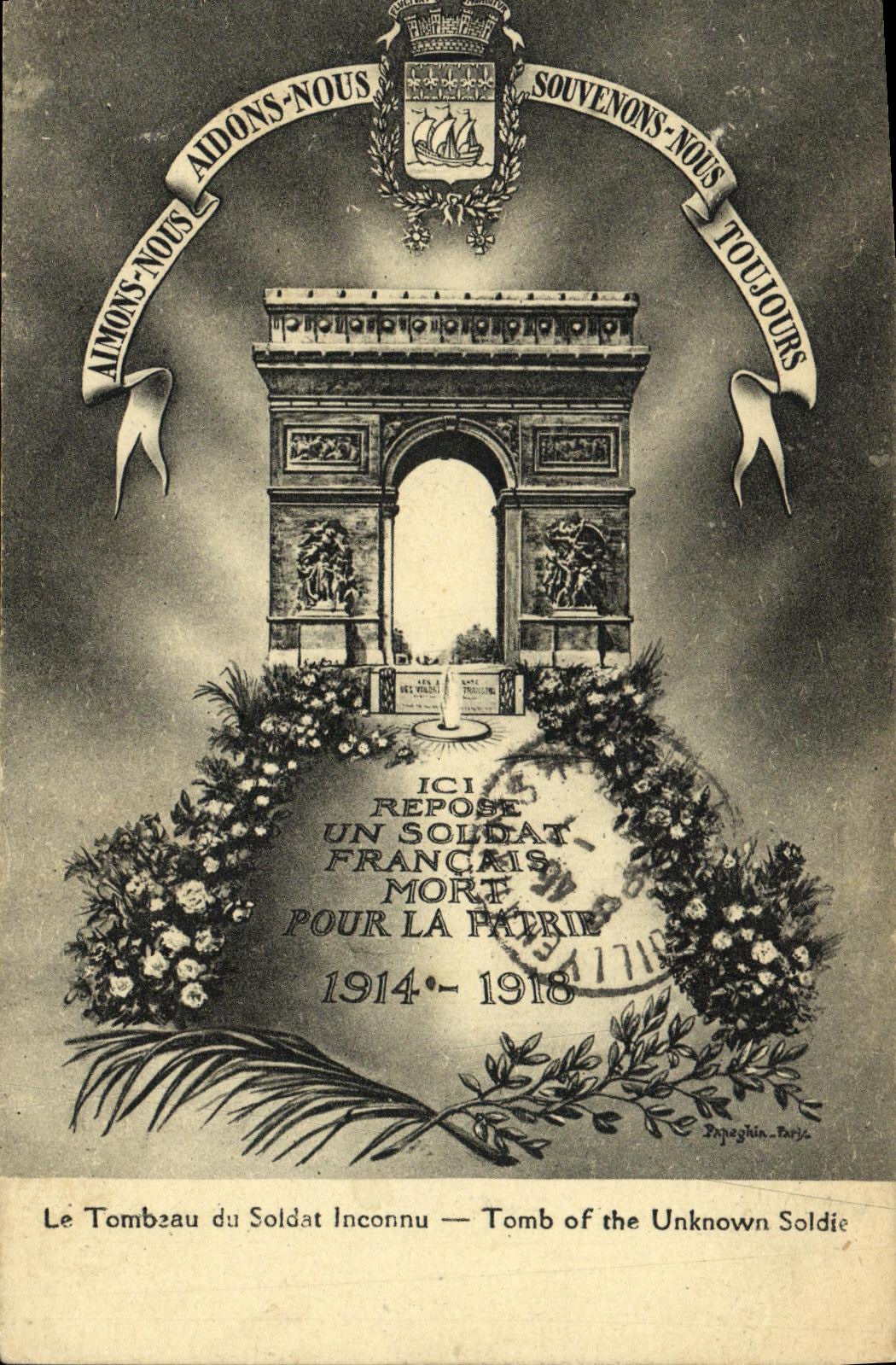 POSTAL Paris de la VENDIMIA la tumba del soldado desconocido Arc de Triomphe