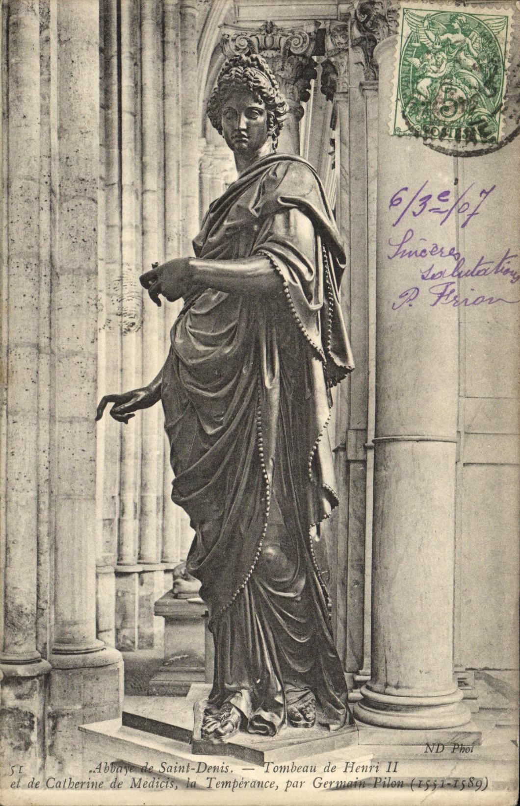 VINTAGE POSTCARD Abbey Of Saint Denis Tomb of Henri II and Catherine de Medicis Temperance by Germain Rammer