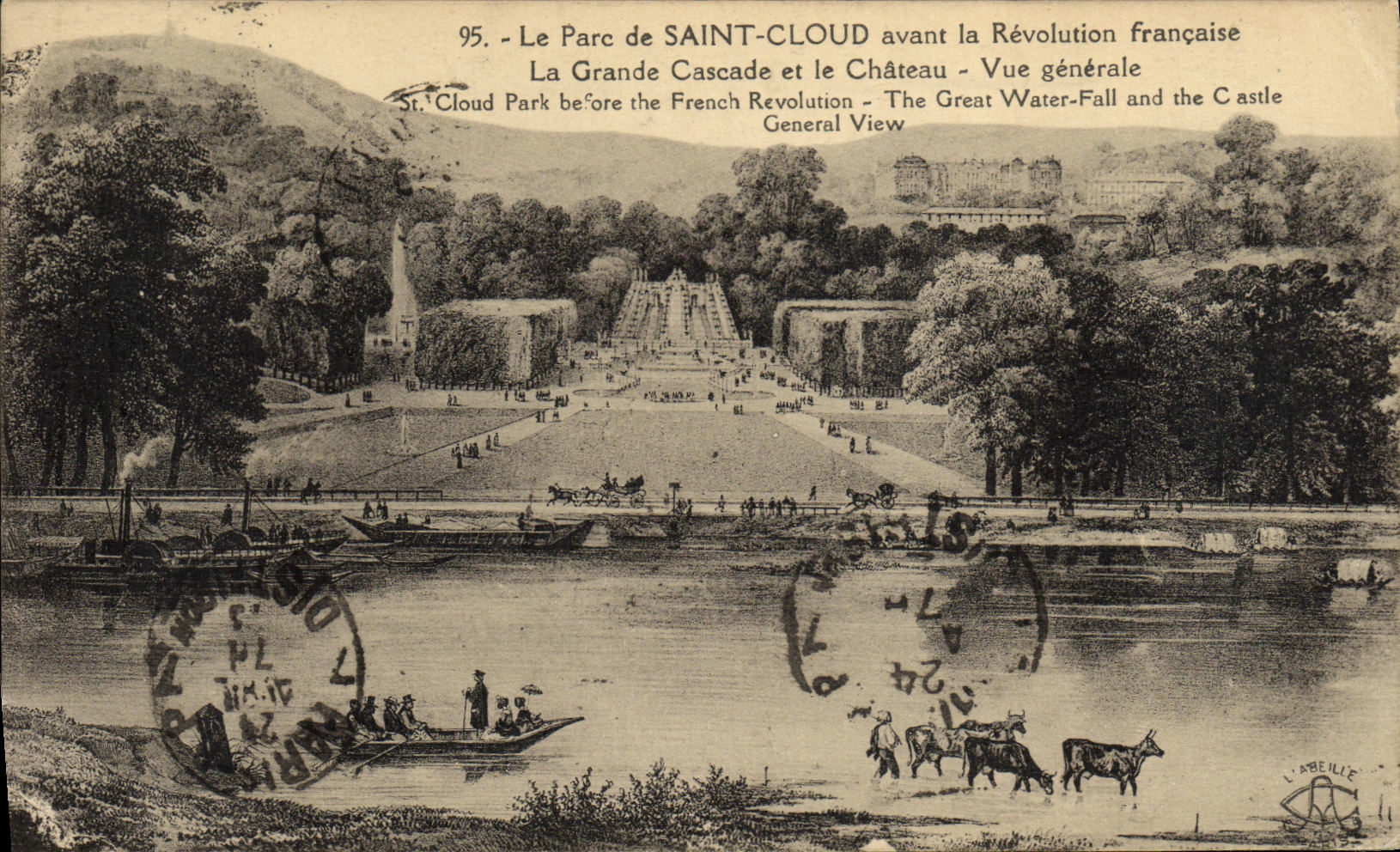 VINTAGE POSTCARD St Cloud the Park Before the French Revolution the Large Cascade and the Castle View