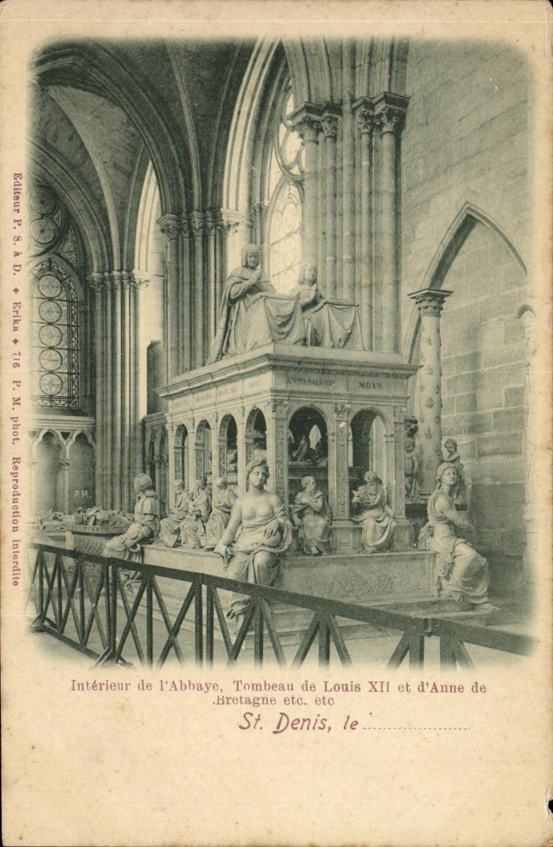 VINTAGE POSTCARD Abbey Of Interior Denis Saint of L Abbey Tomb of Louis XII and D Anne of Brittany