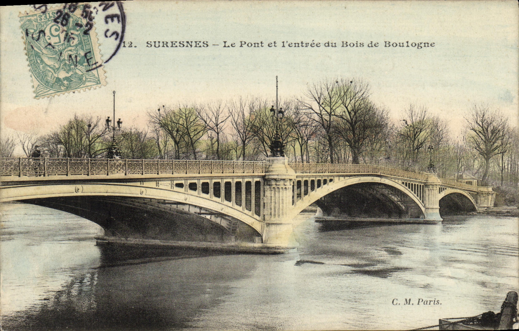 POSTAL Suresnes de la VENDIMIA el puente y el L incorporados del Bois de Boulogne